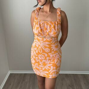 NWT ASOS Womens Orange Tropical Mini Dress 100% Linen Cutout Size 4 Resortwear